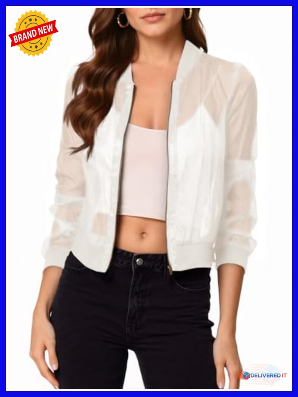 Fisoew Crop Mesh Sheer Bomber Jacket Lightweight Long Sleeve Zip Up